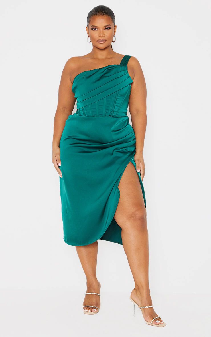 Plus Emerald Green Satin Drape Detail Side Split Midi Dress | PrettyLittleThing IE