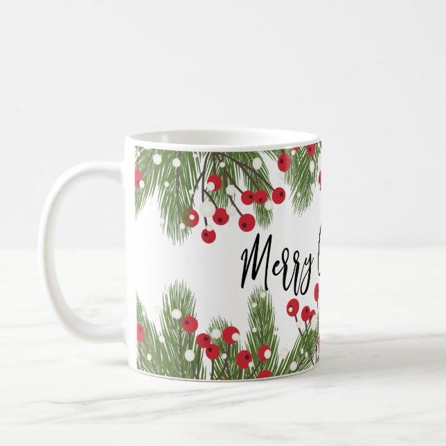 Merry Christmas Botanical Pine Branch & Red Berry Coffee Mug | Zazzle
