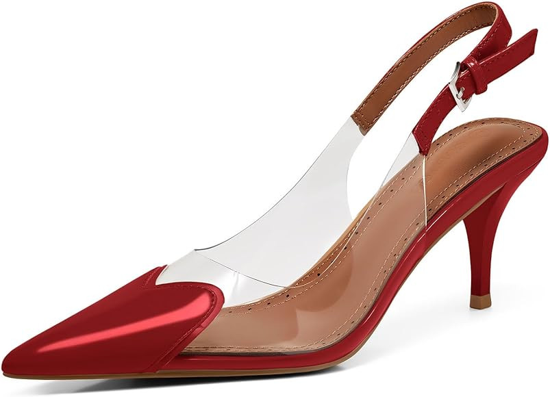 Coutgo Womens Slingback Kitten Heels Heart Clear Pumps Low Heel Pointed Closed Toe Party Wedding ... | Amazon (US)