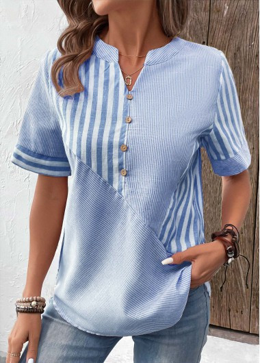 Light Blue Patchwork Striped Short Sleeve Split Neck Blouse | modlily.com