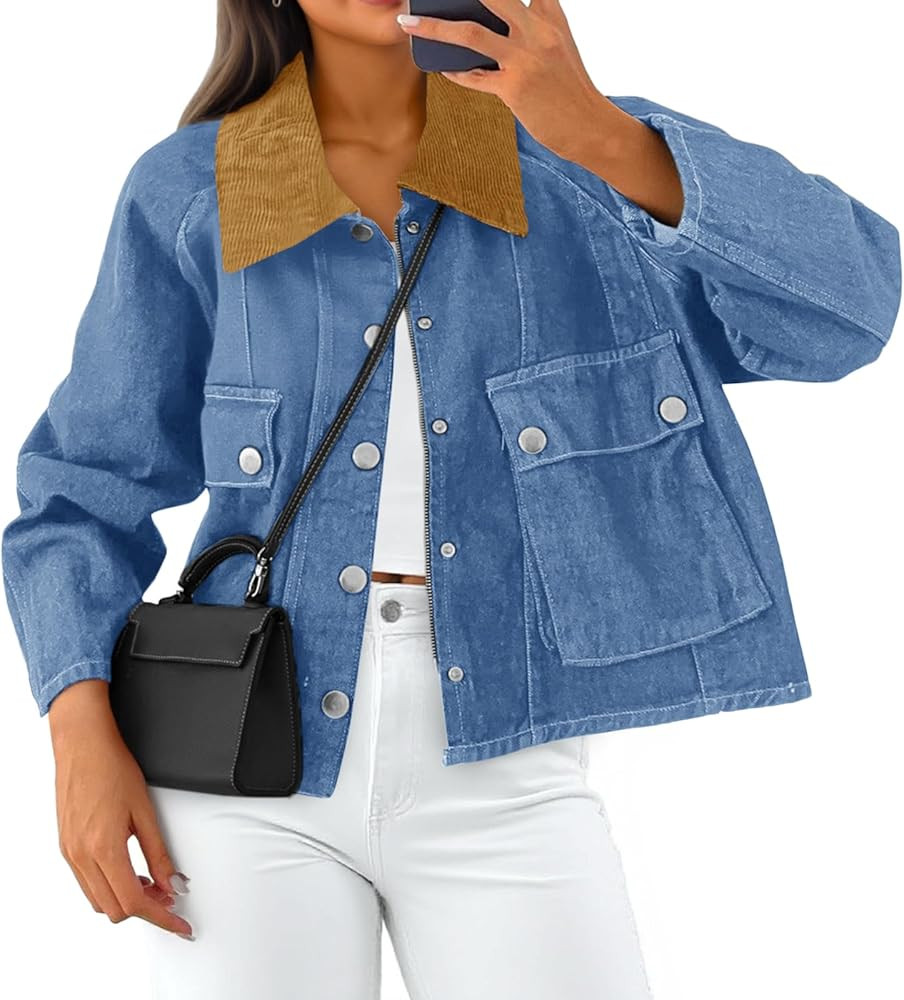 Cicy Bell Womens Cropped Denim Jacket Trendy Corduroy Collar Button Down Casual Barn Jacket for W... | Amazon (US)