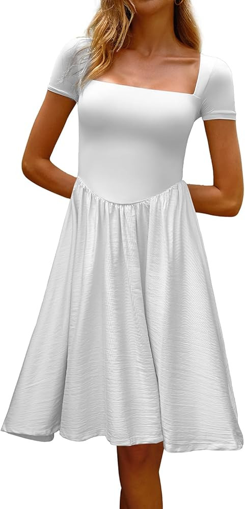 CHYRII Women Fashion Summer 2025 Square Neck Short Sleeve A-Line Wedding Guest Cocktail Midi Dres... | Amazon (US)