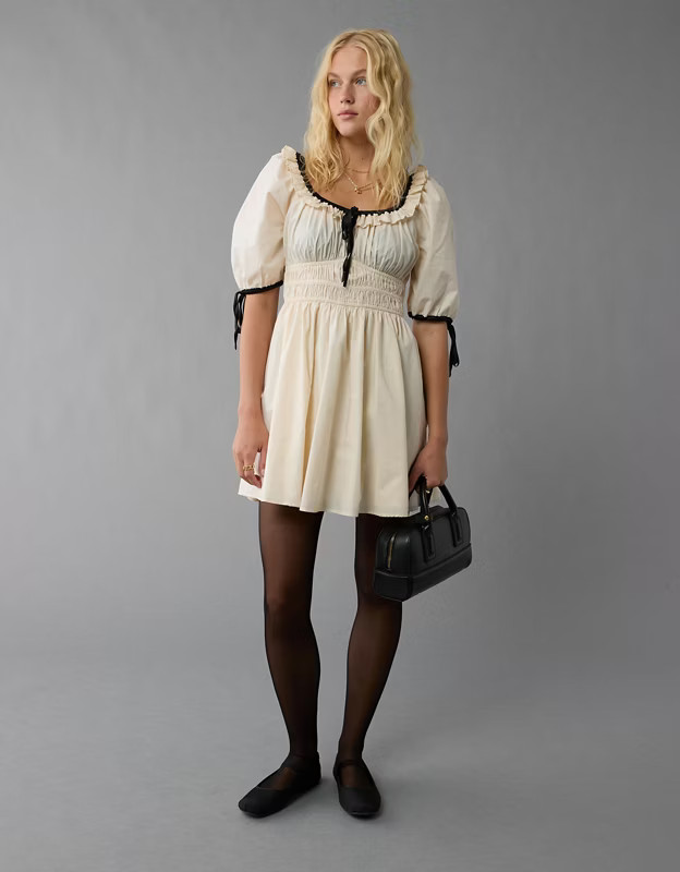 AE Ruched Bodice Puff Sleeve Mini Dress | American Eagle Outfitters (US & CA)