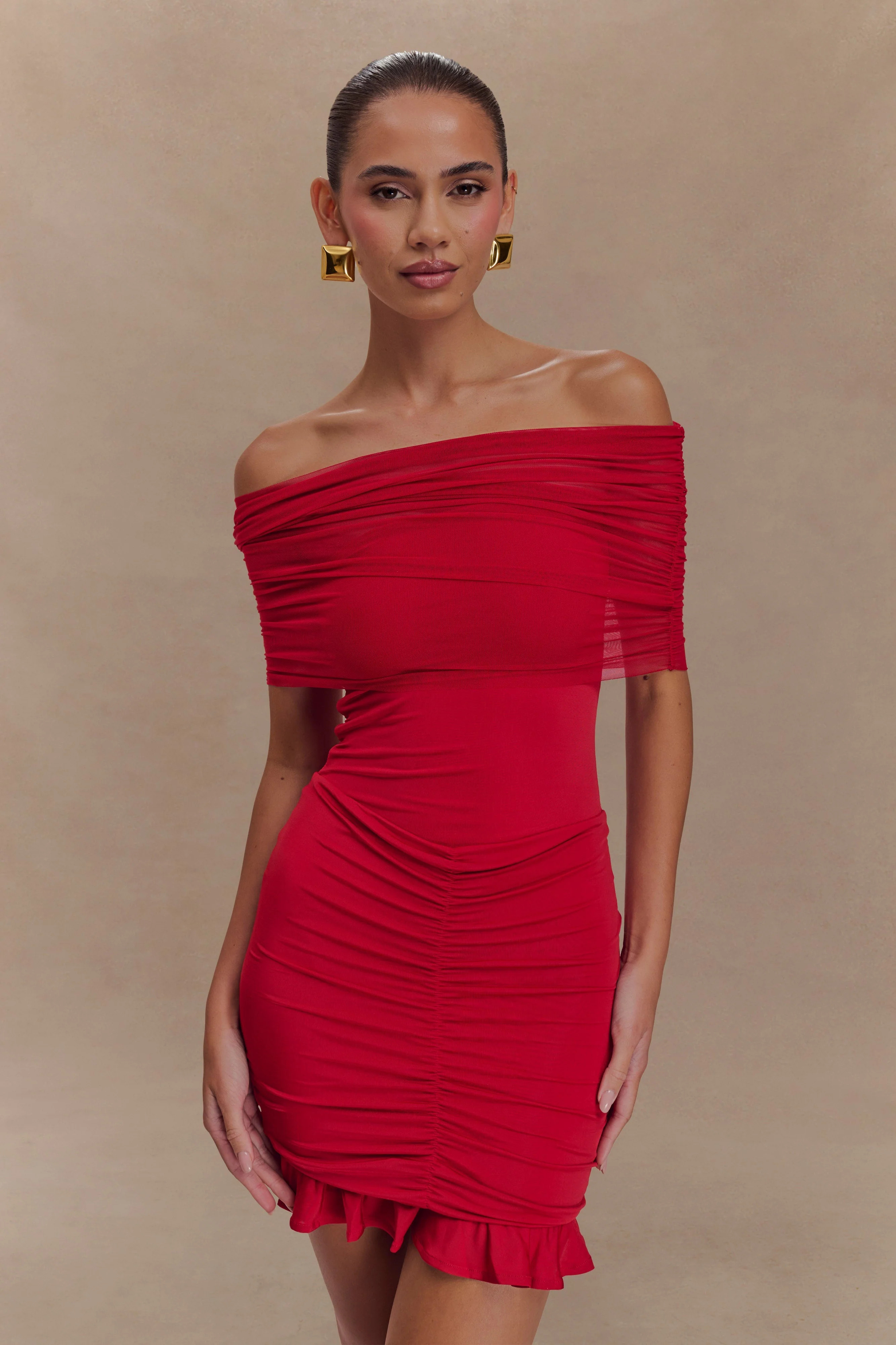 Caspian Slinky And Mesh Off Shoulder Mini Dress - Ruby | MESHKI US