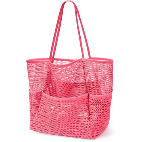 KPX Beach Bag with Mini Pocket, Beach Tote Bags for Women Large Foldable Mesh Swimming Pool Travel Bags - Sandproof (Rose) | Amazon (US)