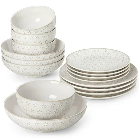 vancasso 16 Pieces Dinnerware Sets, Stoneware Plates and Bowls Set for 4, White Dish Set, Five Leaf Flower Pattern | Walmart (US)