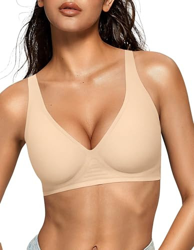 OEAK Womens Deep V Bras Wireless Comfortable Bra Supportive No Underwire Bras Tshirt Push Up Bralettes Plunge Seamless Bra Beige M | Amazon (US)