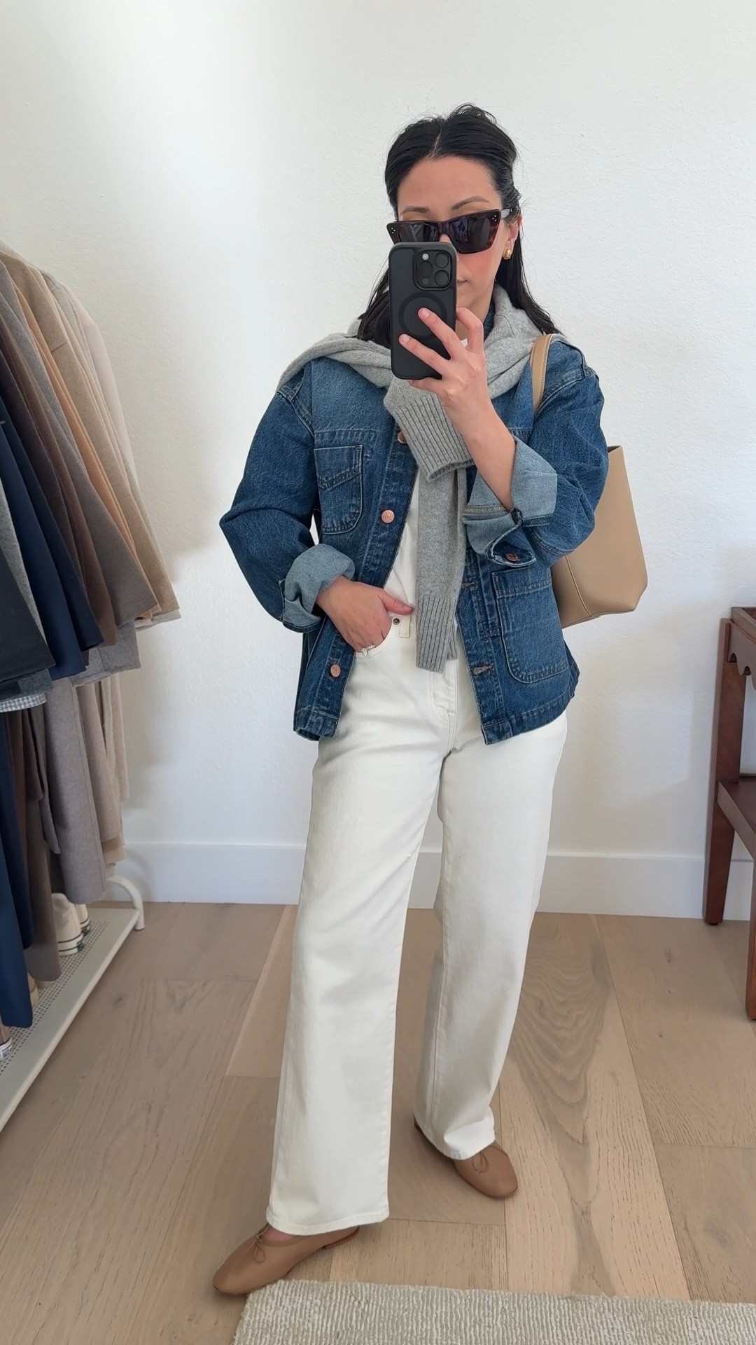 40yr old mom of 2 daily outfit: Petite-Friendly Straight Leg White Jeans. These are great straight opton. The legs on these don't taper. Not see through. Some stretch. 

Doen Chore jacket small - old
Madewell tee xs
Nordstrom jeans 25
Loeffler Randall ballet flats 5
Mansur Gavriel flats 35
The Row tote small
Celine sunglasses
Everlane cashmere sweater xs

Spring outfits, spring style, white jeans, petite style 

#LTKSeasonal #LTKPetite #LTKootd