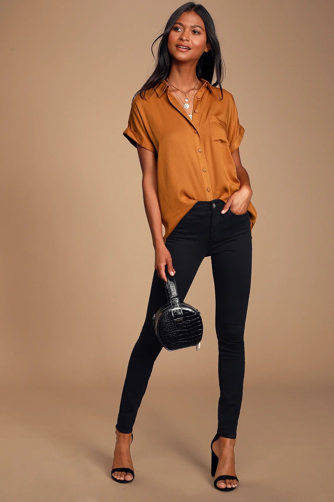 Blythe Rust Brown Short Sleeve Button-Up Top | Lulus (US)