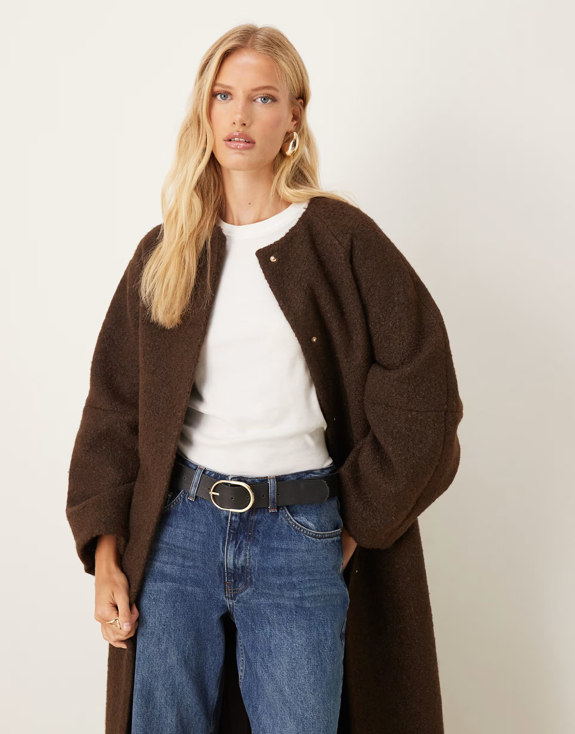 ASOS DESIGN collarless boucle longline formal coat in bitter chocolate | ASOS (Global)