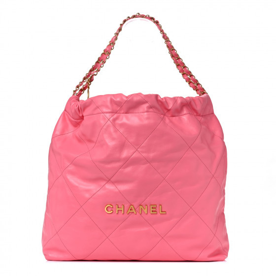 CHANEL Shiny Calfskin Quilted Medium Chanel 22 Chain Drawstring Bag Coral Pink | Fashionphile