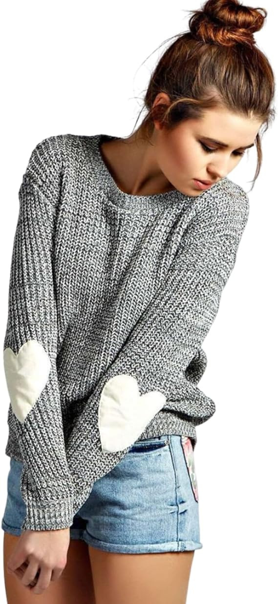 shermie Women's Cute Heart Pattern Elbow Patchwork Knitted Sweaters Long Sleeve Crew Neck Casual ... | Amazon (US)