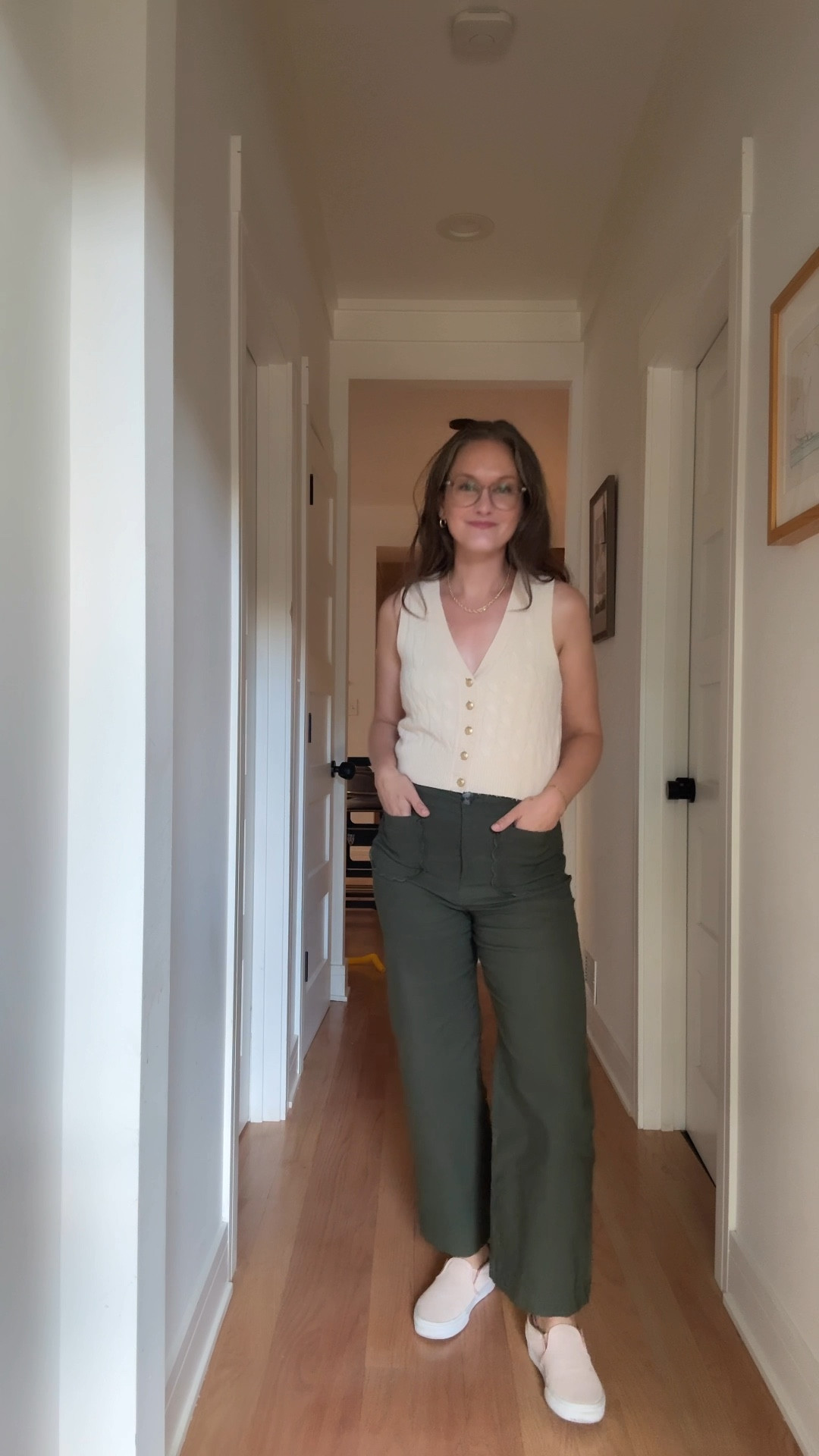 It’s a bright Monday in August, and the city mom is perfectly pulled together in green pants with scallop-detailed pockets and a light pink sweater vest, her light pink perforated slip-ons keeping things playful, while her go-to gold hoops, graduated rope necklace, and new stack of permanent bracelets add that effortless sparkle. The morning is pure joy as she and her husband watch their son put on an impromptu concert—singing his ABCs, strumming his little guitar, tapping his foot to the beat, and gleefully directing claps and hand waves—before the whirlwind of daycare drop-off. Once back home, she dives into her to-do list, breezing through blog posts, creating social teaser videos, editing photographs, and putting the final touches on her monthly newsletter going out this Friday (are you signed up?), all while still riding the high of a morning filled with toddler magic.

#LTKStyleTip #LTKFamily #LTKWorkwear