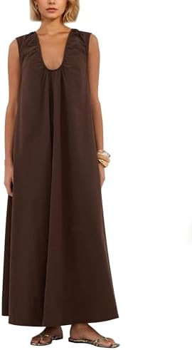 Livtany Women's Scoop Neck Ruched Maxi Dress Flowy Swing Wide Straps Long Dress Casual Sleeveless... | Amazon (US)