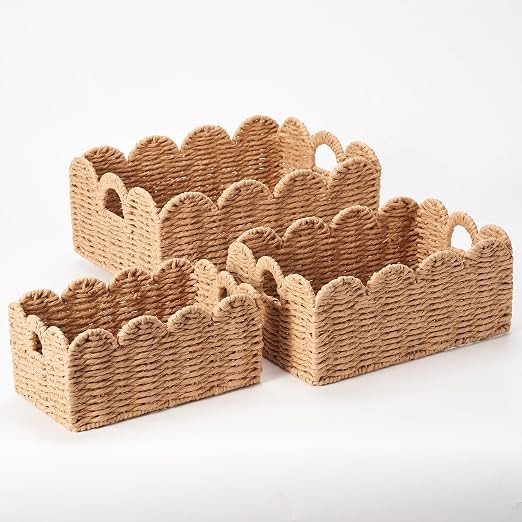 Scalloped Wicker Baskets, Set of 3 Hand-Woven Storage Baskets with Handles - Paper Rope Shelf Org... | Amazon (US)