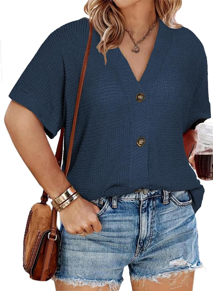 Eytino Womens Plus Size Tops Casual V Neck Short Sleeve Waffle Knit Button Down Shirts(1X-5X) | Amazon (US)