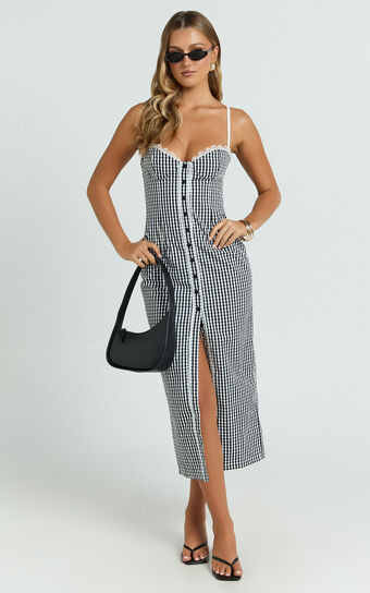 Anessa Midi Dress - Button Front Bustier Fitted Dress in Black Gingham | Showpo (US, UK & Europe)
