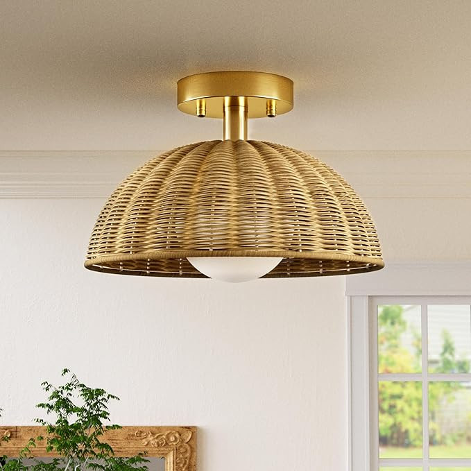 Lovely Rattan Flush Mount Ceiling Light, Adorable 12" Boho Ceiling Light Fixture, Whimsical Hemis... | Amazon (US)