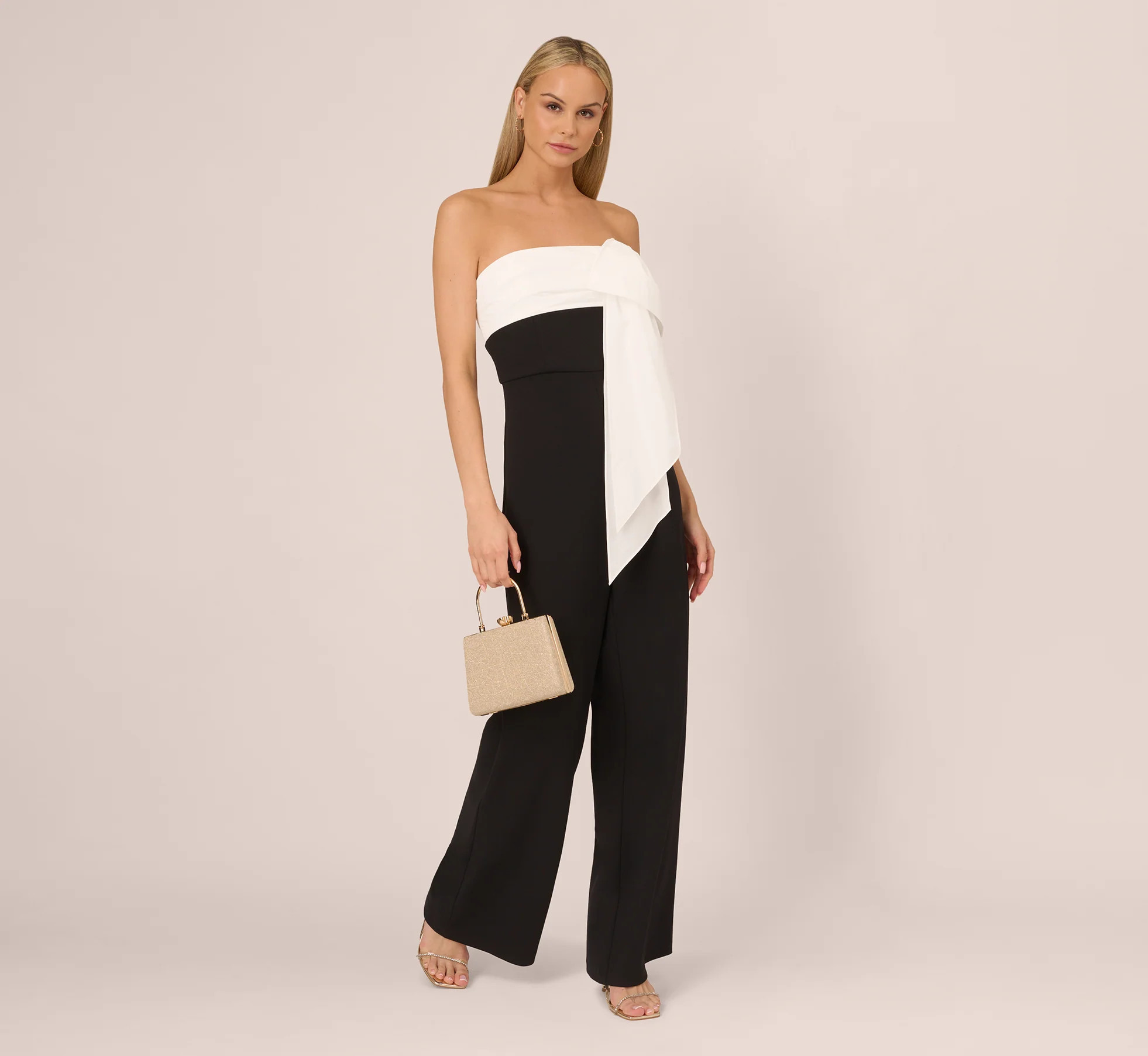 Colorblock Crepe Strapless Jumpsuit With Bow Accent In Black White | Adrianna Papell