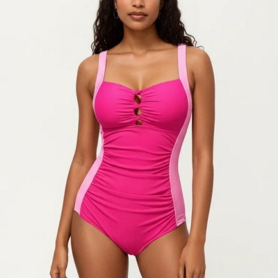 Anna-Kaci Swim Women's One Piece Swimsuit with Triple Keyhole Bust Detail Contrast Side Panels and Wide Straps - X Large, Fuchsia | Target