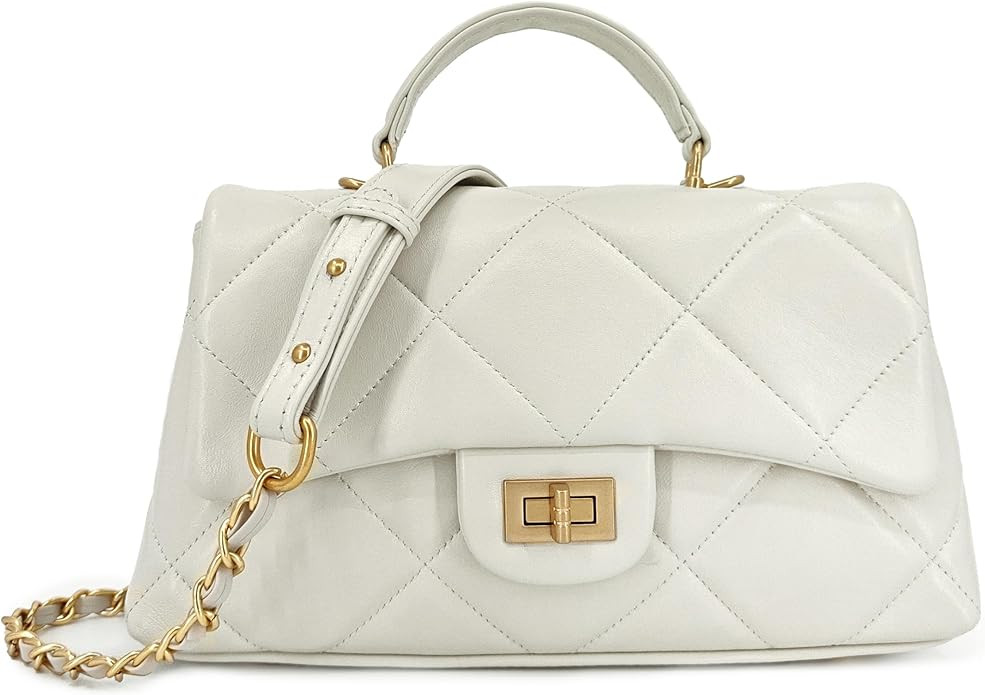 Quilted Leather Crossbody Bags for Women w/Detachable Gold Chain Strap, Designer Top Handle Bag, ... | Amazon (US)