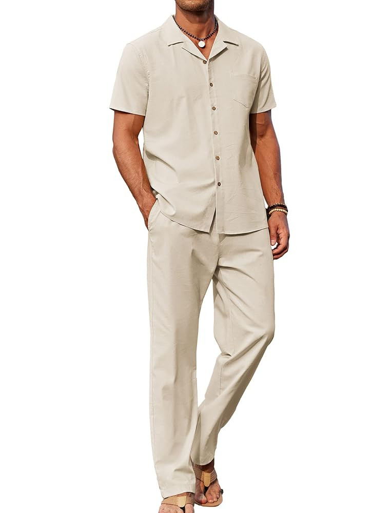 COOFANDY Men 2 Piece Linen Outfit Beach Button Down Shirt Casual Loose Pant Sets | Amazon (US)
