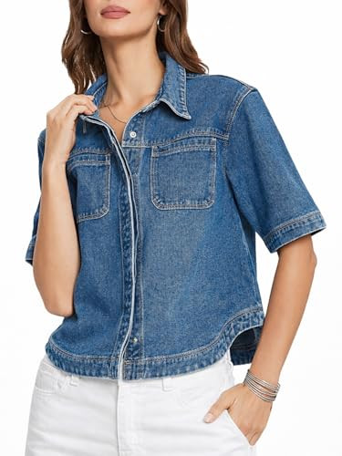 Kedera Women Denim Shirt Tops Short Sleeve Button Down Casual Jean Coat Trendy Jacket Shacket | Amazon (US)