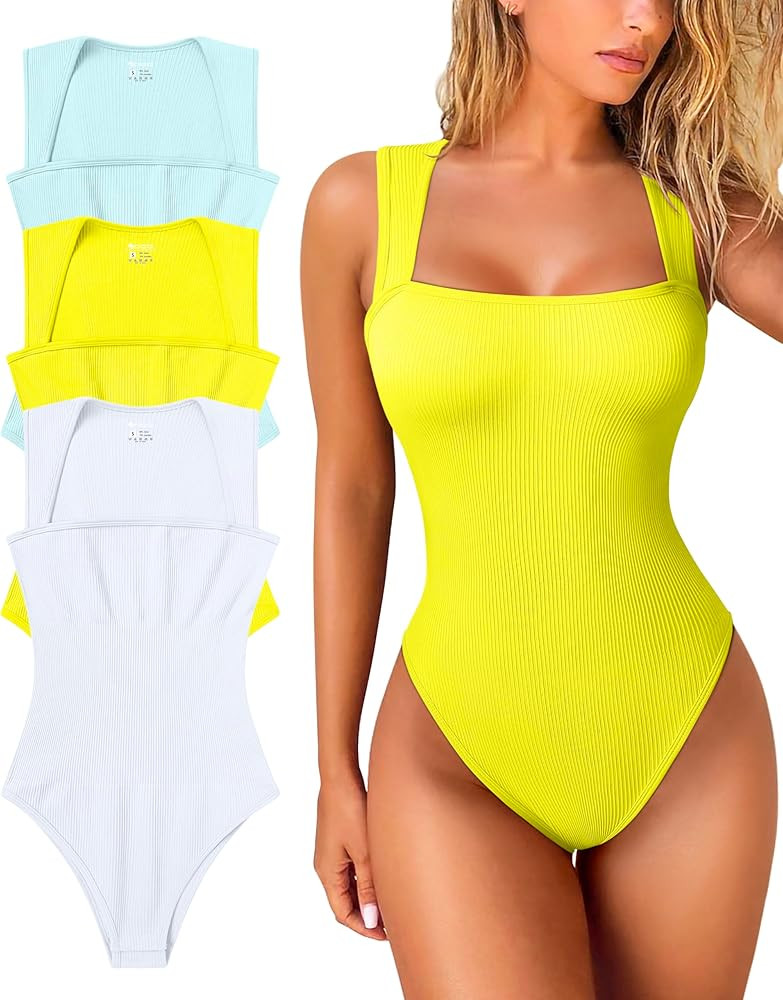 OQQ Women's 3 Piece Bodysuits Sexy Ribbed Strappy Square Neck Sleeveless Tummy Control Tank Tops ... | Amazon (US)