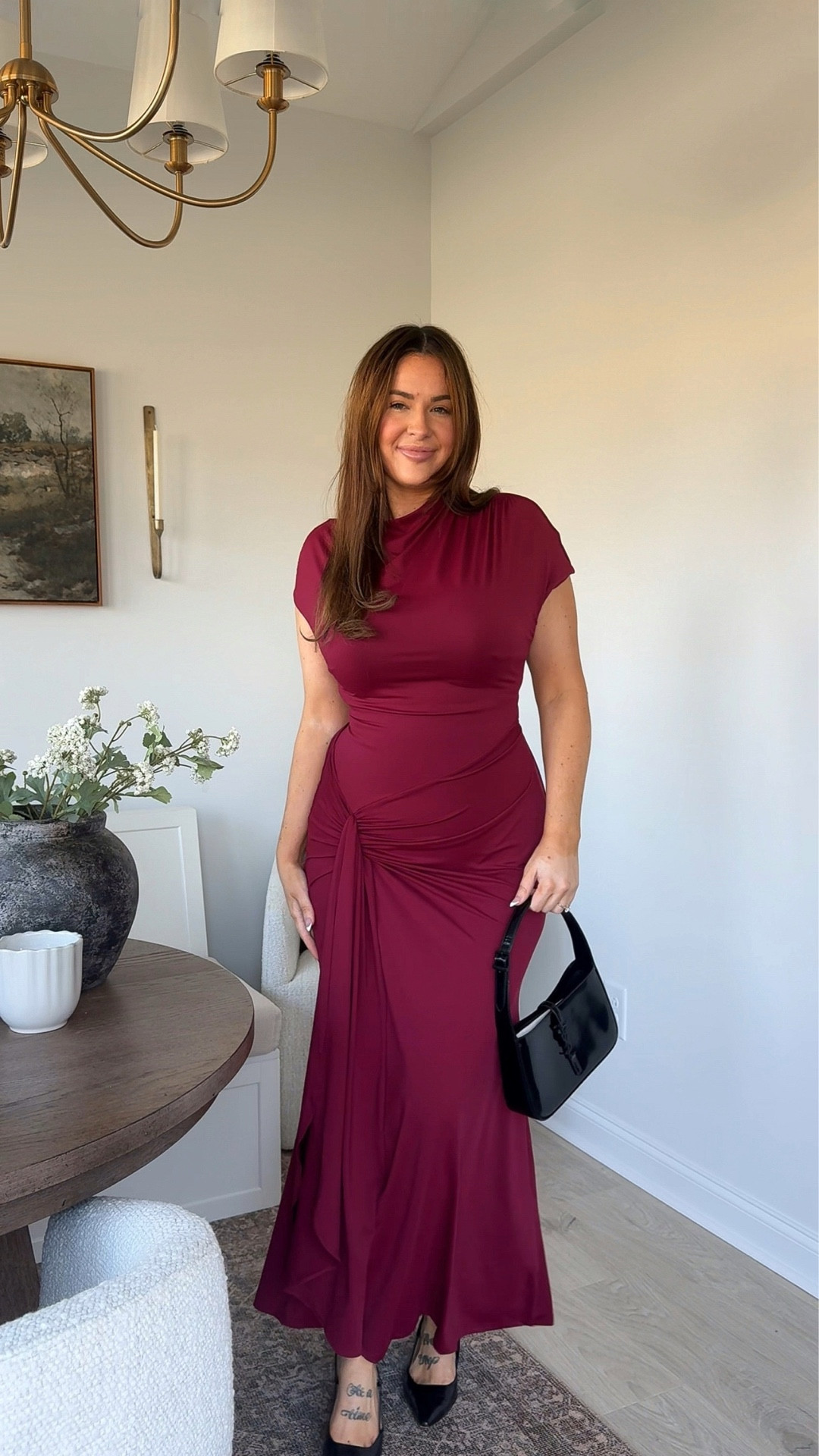 Holiday burgundy event dress for Christmas parties and winter weddings. Wearing large! 

#LTKTall #LTKHoliday #LTKMidsize