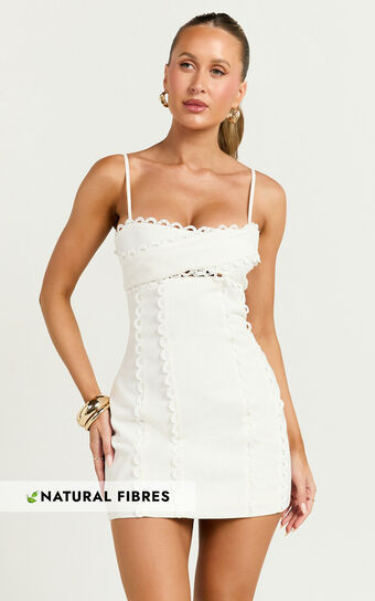 Gigi Mini Linen Blend Dress - Sweetheart Tie Back Scallop Detail Dress in Off White | Showpo (US, UK & Europe)