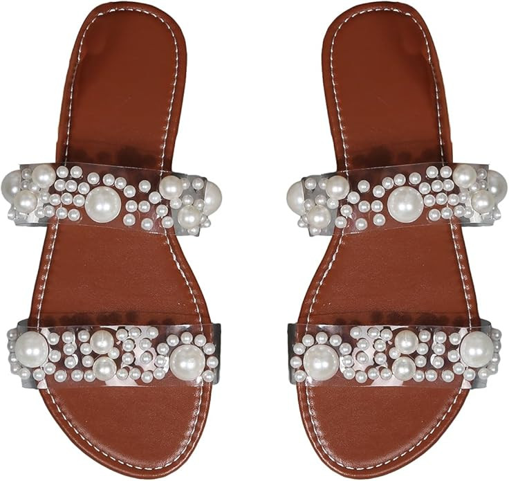 OYOANGLE Women's Pearl Decor Clear Double Strap Open Toe Slide Sandals Dressy Summer Slip on Flat... | Amazon (US)