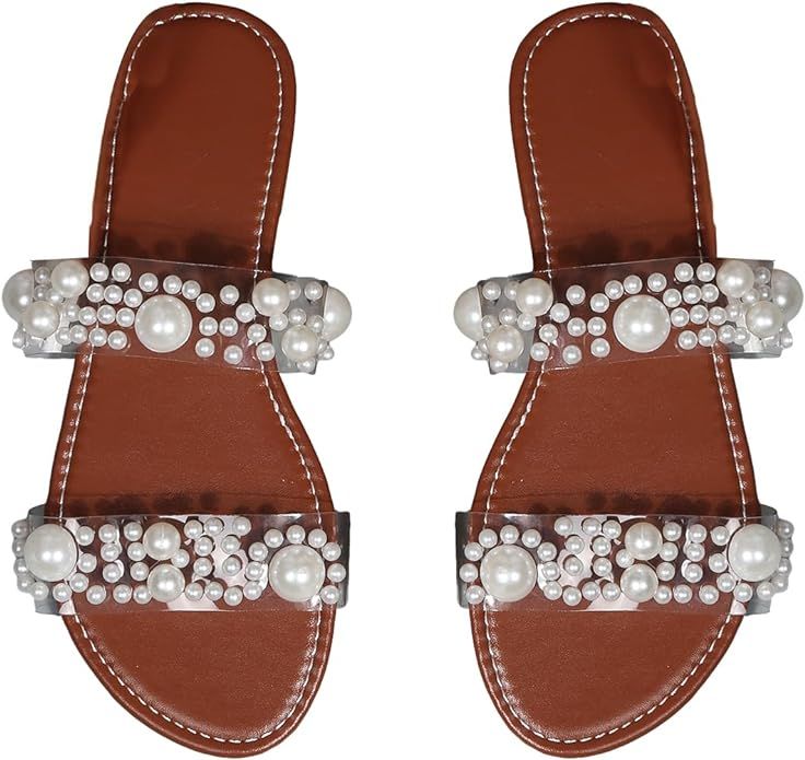 OYOANGLE Women's Pearl Decor Clear Double Strap Open Toe Slide Sandals Dressy Summer Slip on Flat... | Amazon (US)