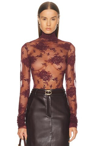 The Andamane Ziggy Lace Turtleneck Bodysuit in Burgundy | FWRD 