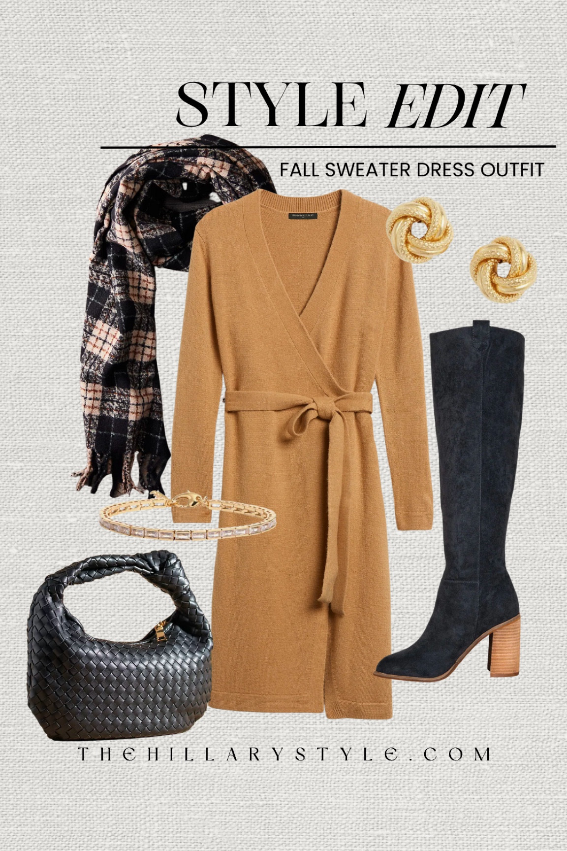 Style Edit: Fall sweater dress outfit. I love a sweater dress for fall for shopping, running errands, a girl’s day, the office or even a dinner date. Wrap sweater dress, black boots, plaid scarf, quilted handbag, black handbag, gold knot stud earrings, tennis bracelet. Fall outfit, fall fashion, fall style ideas. Banana Republic, Anthropologie, VICI, Nordstrom, Madewell. 

#LTKworkwear #LTKstyletip #LTKSeasonal