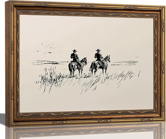 Gold Framed Vintage Cowboy Horse Sketch Canvas Wall Art Neutral Western Painting Picture Wall Dec... | Amazon (US)