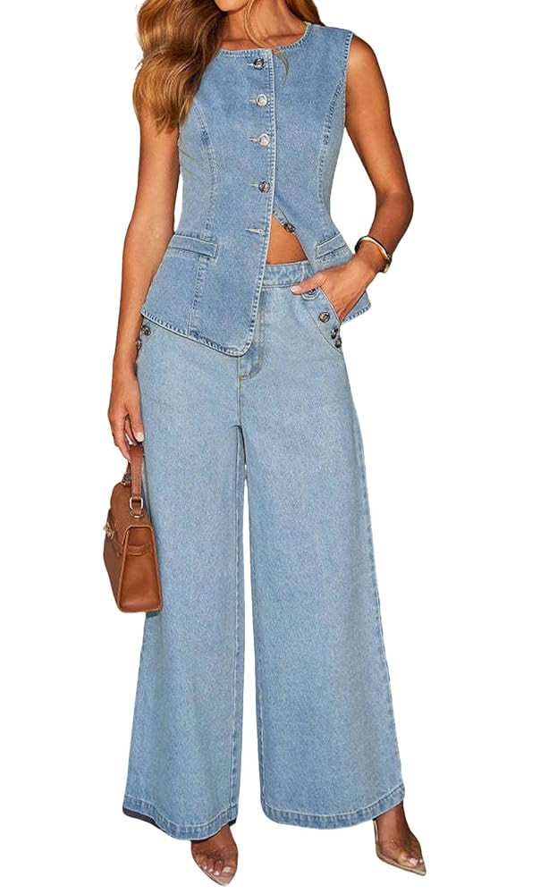 loveimgs Women 2 Piece Denim Set Button Sleeveless Jean Vest Denim Top Y2k Shirt Wide Leg Jeans P... | Amazon (US)