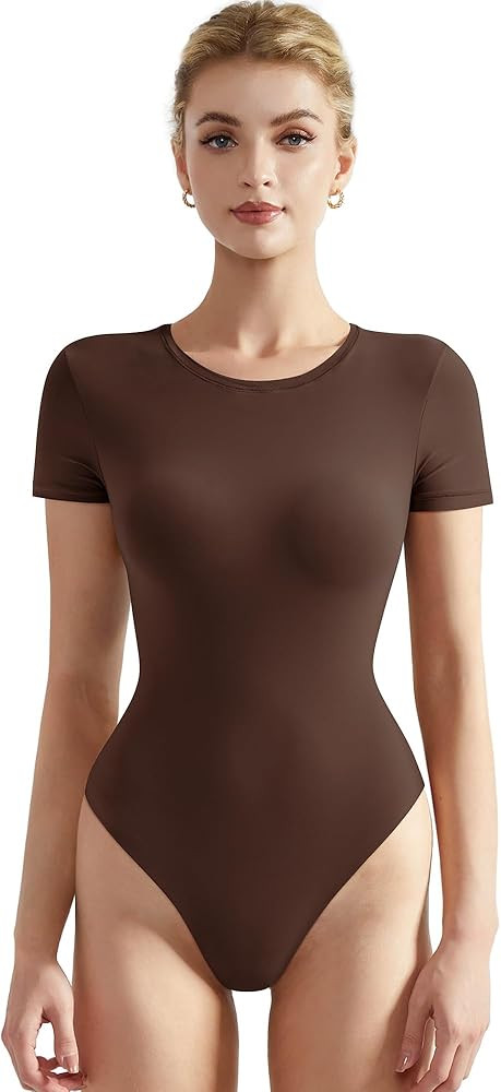 SUUKSESS Women Crew Neck Short Sleeve Thong Bodysuit Shirts Basic Top | Amazon (US)