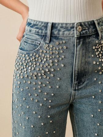 Anewsta Women's Straight Leg Rhinestone Embellished Elegant Party Pants, Suitable For Spring, Valentine's Day, Christmas, Slimming | SHEIN