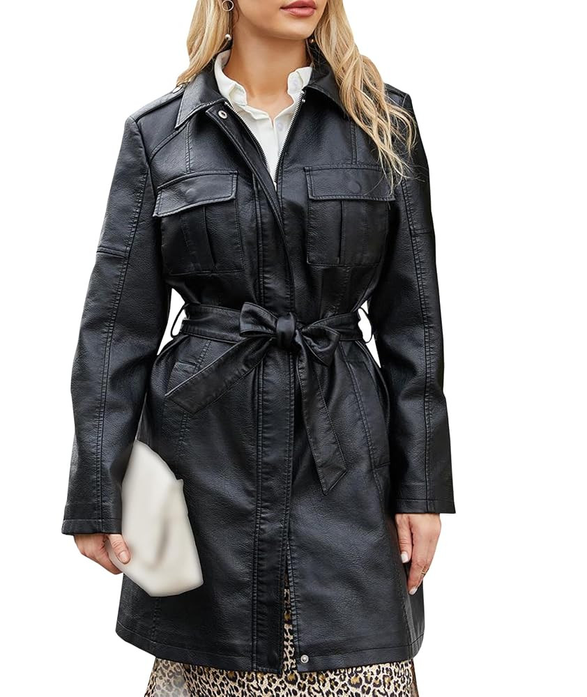 SOMTHRON Women's Mid Length Faux PU Leather Trench Coat Long Sleeve Zip Up Lapel Long Jacket Over... | Amazon (US)
