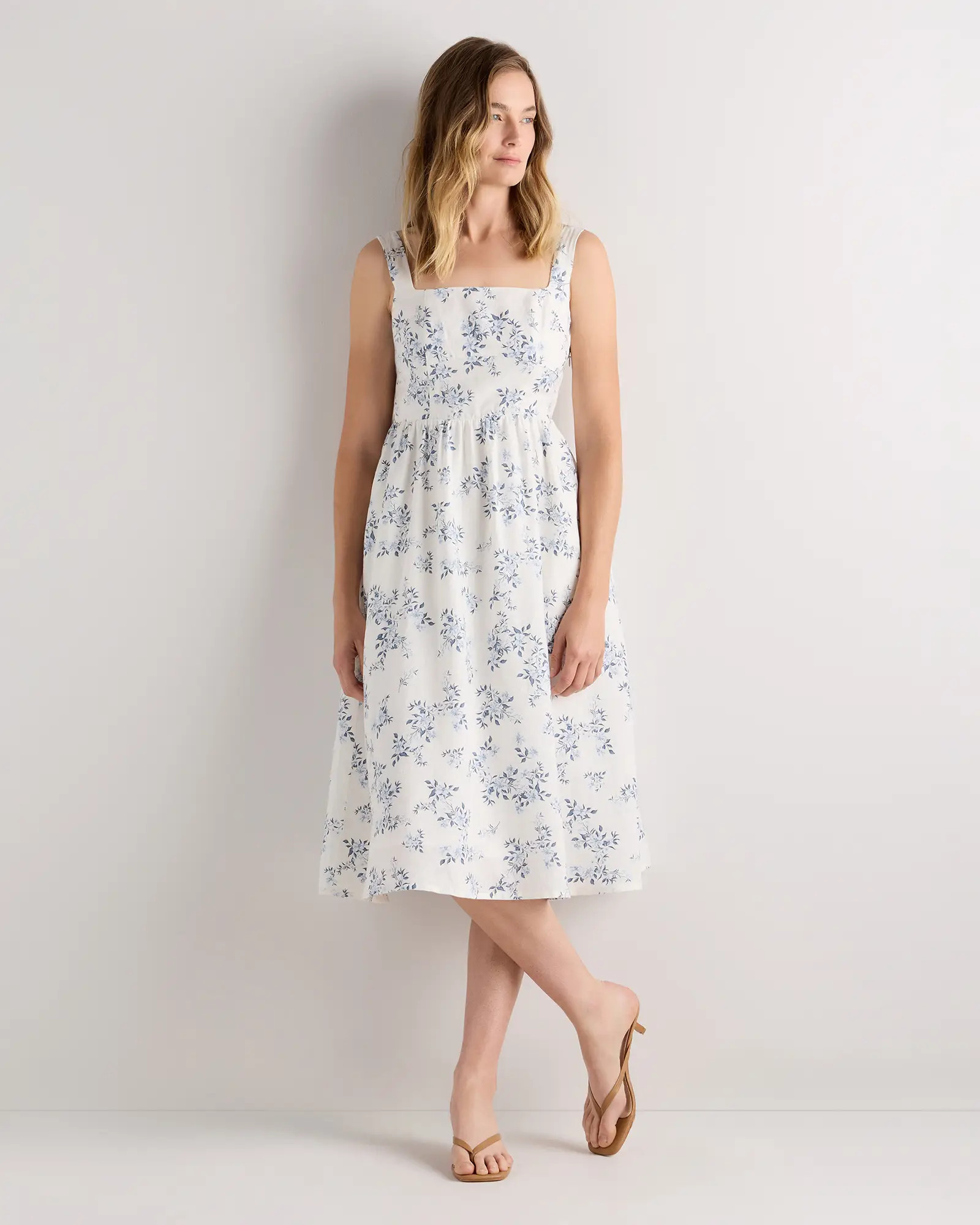 100% European Linen Fit & Flare Midi Dress in Ivory Porcelain Blue Petite Floral | Quince