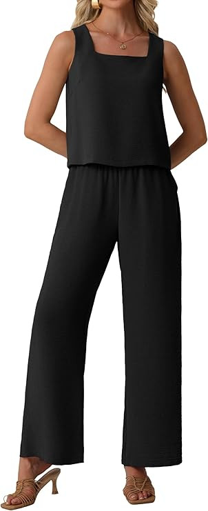 Lepunuo Women Summer 2 Piece Sets Square Neck Sleeveless Crop Tops Wide Leg Pants Matching Sets T... | Amazon (US)