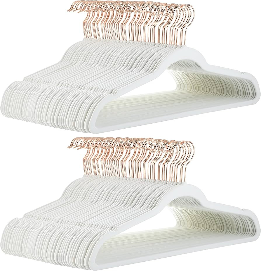 Amazon Basics Slim, Velvet, Non-Slip Suit Clothes Hangers, Ivory/Rose Gold - Pack of 100 | Amazon (US)