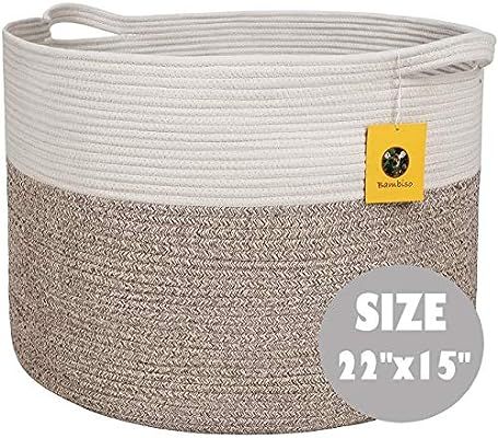 Bambiso Jumbo Cotton Rope Basket 22" x 22" x 15"- Woven Fabric Storage Baskets with Handles for L... | Amazon (US)