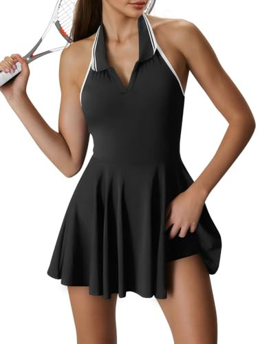 Fisoew Womens Tennis Dress with Built in Shorts and Bra Summer Backless Halter V Neck Yoga Golf Workout Athletic Mini Dresses Black | Amazon (US)