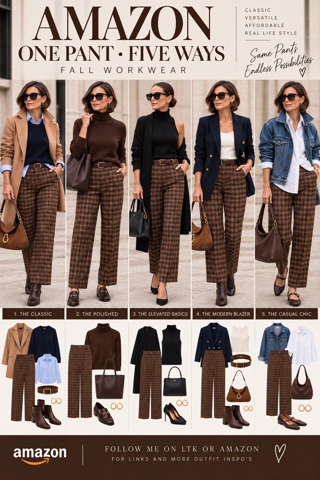 A good pair of trousers deserves more than one outfit! 🤎

These brown plaid pants are the kind of fall staple I love building a wardrobe around. From a camel coat and classic layers to a sleek all-black pairing, a tailored navy blazer, or a relaxed denim jacket, each look has its own personality.

Five different ways to wear the same pants, mixing textures, rich autumn colors, and tailored pieces with more relaxed silhouettes.

Proof that getting dressed for work can be comfortable, versatile, and stylish without feeling overly corporate.

All from Amazon!

Which look is your favorite? 1, 2, 3, 4, or 5?