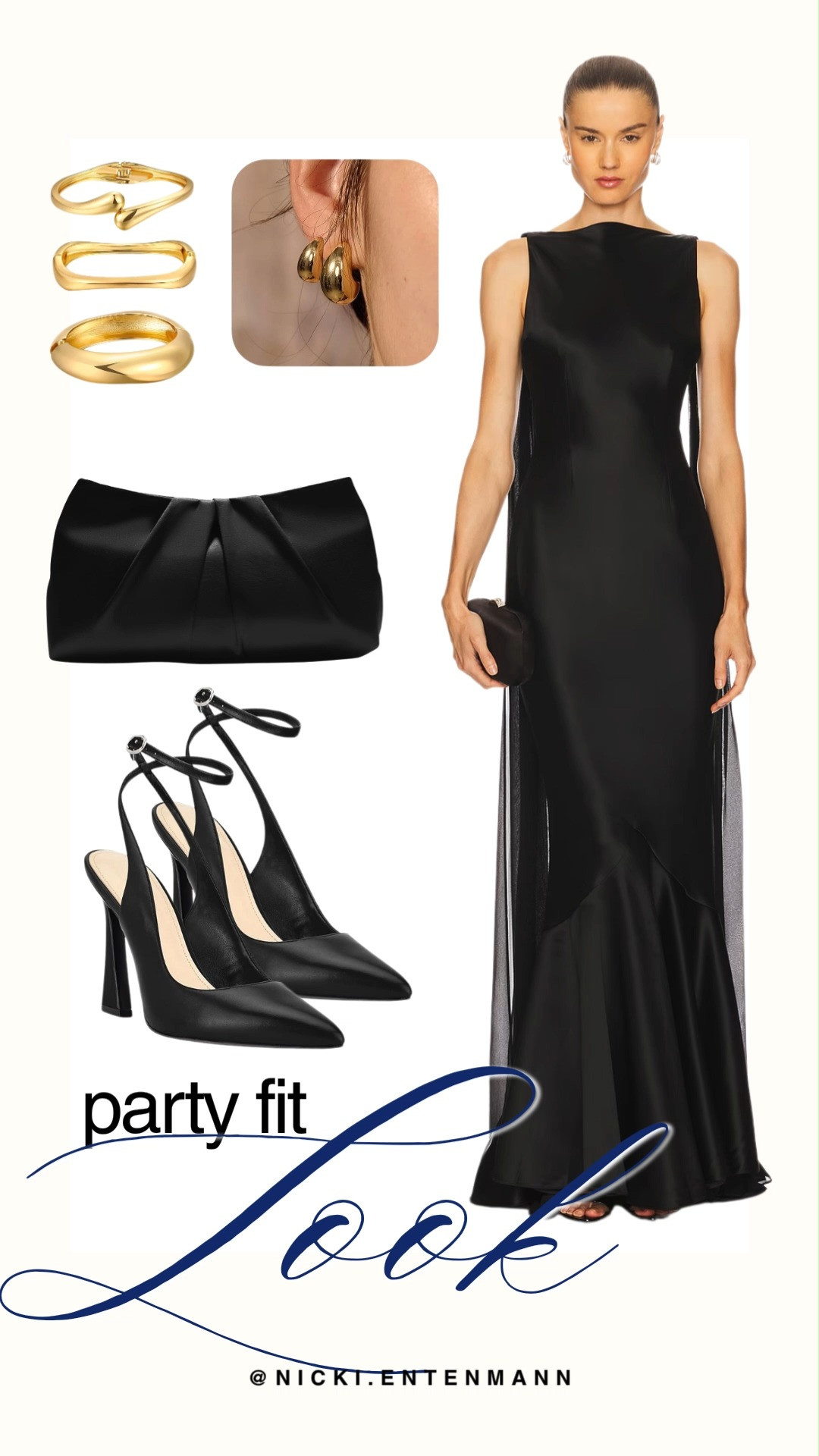 Turn heads at your next evening event with this jaw-dropping black tie party fit look from party fit n.jpg. This elegant ensemble centers around a stunning, sleek black satin gown featuring a dramatic trailing sheer cape detail. Elevate the sophisticated look with chic black pointed-toe slingback heels, a pleated satin clutch, and chunky gold bangles with matching teardrop earrings.

#partyready #blackgown #eveningwear #formalstyle #nightoutfit #chicfashion #classicglam #partylook #accessories #highfashion 

 #LTKootd #LTKSaleAlert #LTKWedding