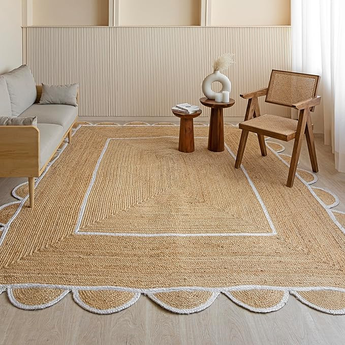 HOMEMONDE Scalloped Jute Rug - 5 x 8 ft Rectangular Natural Boho Home Decor Handmade Farmhouse - ... | Amazon (US)