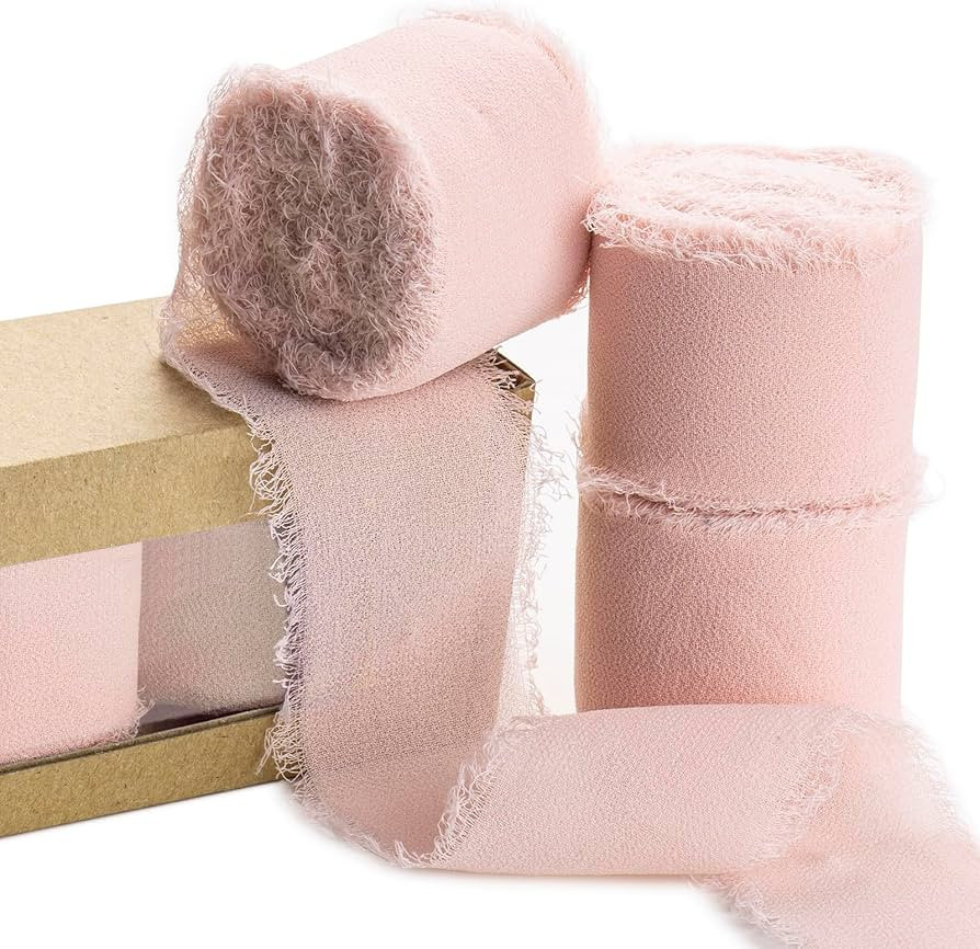 Chiffon Ribbon, 3 Rolls Light Pink Handmade Fringe Chiffon Silk Ribbon 1.5" x 7Yd Ribbons Set for... | Amazon (US)