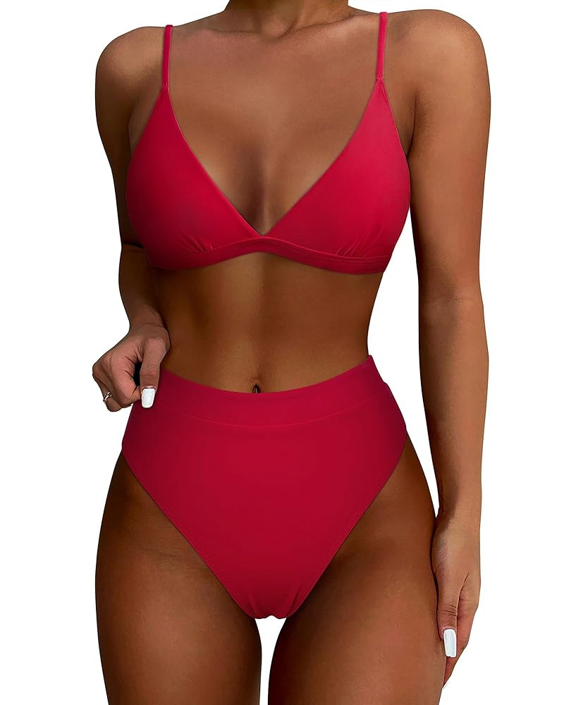 SUUKSESS Women Sexy High Waisted 2 Piece Bikini Sets Triangle High Cut Swimsuits | Amazon (US)
