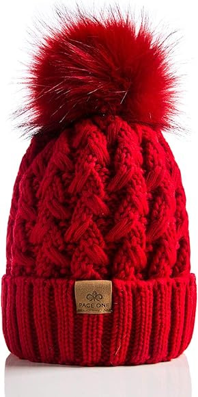 PAGE ONE Womens Winter Ribbed Beanie Crossed Cap Chunky Cable Knit Pompom Soft Warm Hat | Amazon (US)
